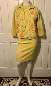 Vintage 60s Crown Royal Wool Yellow Knit 3 PC Skirt Suit Embroidery Applique S/M - Picture 1 of 11