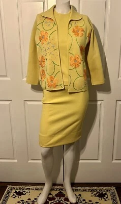 Vintage 60s Crown Royal Wool Yellow Knit 3 PC Skirt Suit Embroidery Applique S/M - Image 1 of 4
