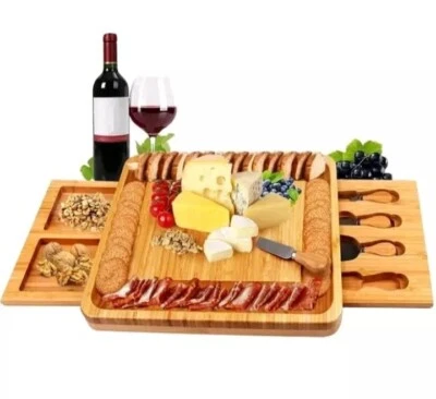 🔪🧀 Tabla de queso de bambú con juego de cuchillos bandejas de madera para servir carne XL Foto 1 de 4