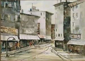 MID 20th CENTURY ARTIST HELEN CLARK Sd STREETSCAPE ORIGINAL W/C "MIDDLE VILLAGE" - Picture 1 of 12