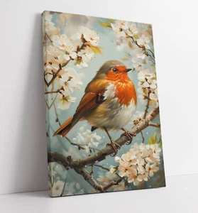 RED ROBIN ON BLOSSOM TREE PAINTING -FRAMED CANVAS WALL ART PICTURE PRINT - Picture 1 of 2