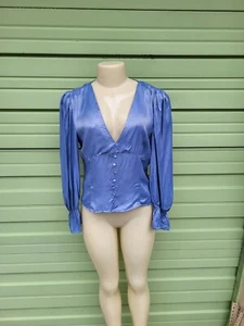 NEW ZARA Blue v-neck buttoned blouse Satin effect Long Sleeves Size XS #6836A - Picture 1 of 11