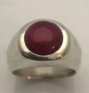 MJG STERLING SILVER MEN'S RING. 12mm ROUND LAB RUBY CABOCHON. SIZE 9 3/4 - Picture 1 of 7