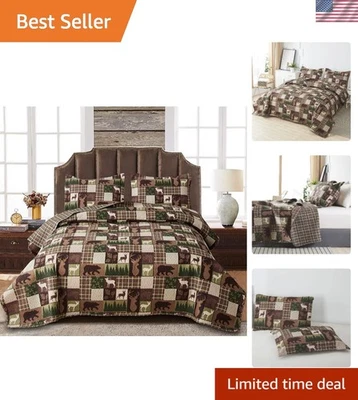 Luxurious Lodge Plaid Moose & Bear Quilt Set - Full/Queen Rustic Bedding with... - Image 1 of 4