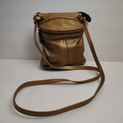Bolso Bandolera De Colección Fossil Cuero Genuino Suave y Flexible Dorado Bolsillos con Cremallera Foto 1 de 4