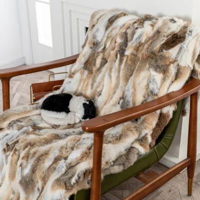 Luxury Soft Real Rabbit Fur Throw Blanket Tan Warm Large Sofa Bedspread 55x63''