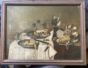 ::STILLLEBEN UM 1880 TISCH MIT SPEISEN UND WEIN °RAHMEN ANTIK GRÜNDERZEIT ALT - Bild 1 von 10