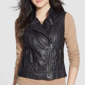 Halogen Women's Crinkled Genuine leather sleeveless motto black vest - Picture 1 of 9