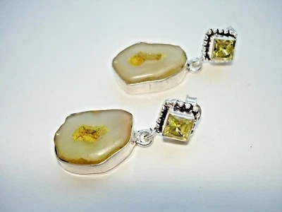 AB Yellow Drusy Solar Quartz  Geode Citrine One-Of-A-Kind Earrings Silver 1.5" - Image 1 of 4