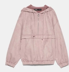 ZARA WOMENS JACKET MEDIUM Pink Faux Suede Hooded Half Zip Pullover Outdoor Trend - Picture 1 of 9