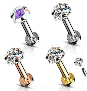 2pcs 16G Micro Base Internally Threaded Surgical Steel Heart CZ Prong Set Labret - Picture 1 of 9