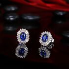 925 Silver Oval Simulated Blue Sapphire Stud Earrings In 14K White Gold Plated
