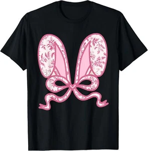 Coquette Bow Bunny Ears Happy Easter Day Rabbit T-Shirt Hoodie - Picture 1 of 19