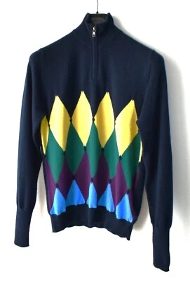 Jersey Ballantyne Azul Diamante Intarsia Simulado Cuello Tortuga Cachemira Talla Pequeña 38 Foto 1 de 4