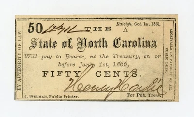 1861 Cr.64 50c The State of NORTH CAROLINA Note - CIVIL WAR Era - Image 1 of 2