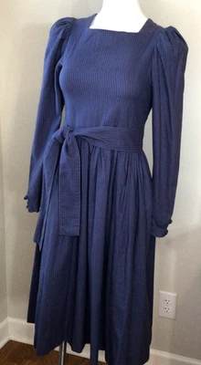 Laura Ashley Vtg. 1980s Blue Cotton Pinstripe Puffed Sleeve Dress Size 8 - Image 1 of 4