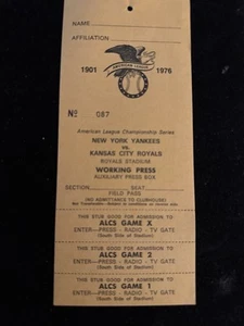 1976 ALCS NY Yankees vs KC Royals @Royals Stadium Press Pass WP AUX PB #864 - Picture 1 of 3