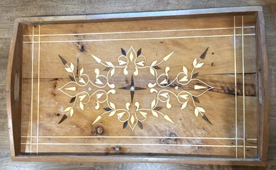 Vtg Moroccan Thuyan Handmade Wood Tray Floral Mother of Pearl Inlay Handles 20" - Image 1 of 4