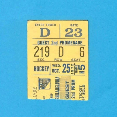 Rod Gilbert 250th NHL Goal Ticket Stub New York Rangers Philadelphia Flyers 1972 - Image 1 of 2