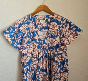 Anthropologie Maeve Dress Large Tropical Print -Puff Sleeves V-neck - Maxi Ankle - Picture 1 of 4