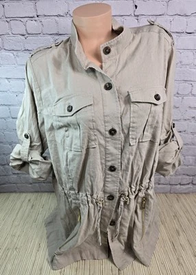 Calvin Klein 1X Linen Lightweight Jacket Tan Khaki Cargo Pockets Drawstring Top - Image 1 of 4