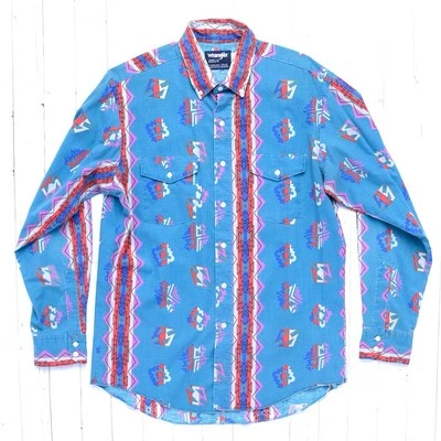 Vintage 80's 90's Wrangler Cowboy Cut Aztec Southwest Button Teal Blue  Shirt - Image 1 of 4