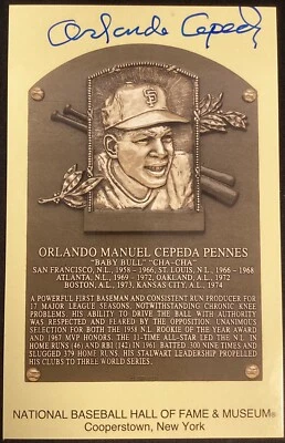 Orlando Cepeda Signed Gold HOF Plaque Postcard Yellow Autograph Giants JSA - Image 1 of 4