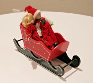 Vintage Christmas 12 inch Wooden Sleigh Sled Boy and Girl Porcelain Doll Decor - Picture 1 of 7