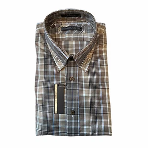 NEW DAMON Dress Shirt Men's Large Button-up Long Shirt Easy Care Brown Plaid - Picture 1 of 7