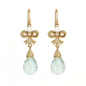 9k Yellow Gold Bow Style Pear Shape Green Amethyst Briolette Earring - Picture 1 of 3