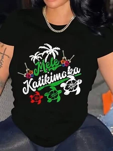 Women's Plus Size Hawaiian Christmas Graphic Tee - Casual Short Sleeve - Picture 1 of 10