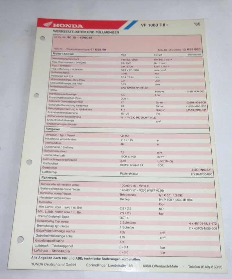 Inspektionsblatt Mantenimiento Honda VF 1000F II / VF1000FII Año 1985 - Imagen 1 de 1