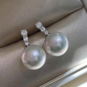 Gem Luster 11-12mm Australian south sea pearl earring G18K Diamond - Picture 1 of 2