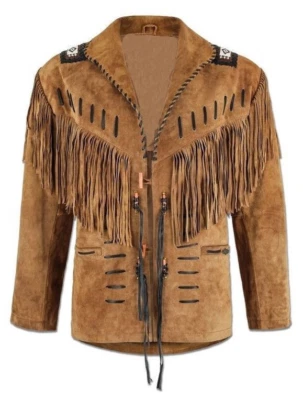 Men Western Cowboy Suede Fringe Jacket Beaded Native American Leather Jacket - Image 1 of 4