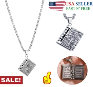 Bible Open Pages Pendant Necklace Lord's Prayer Unisex Stainless Steel Silver US - Picture 1 of 12