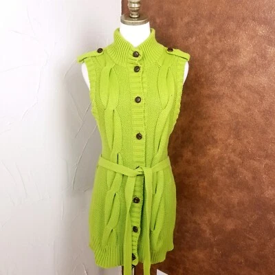 Cárdigan suéter sin mangas Peter Nygard para mujer talla M verde cinturón con botones Foto 1 de 4