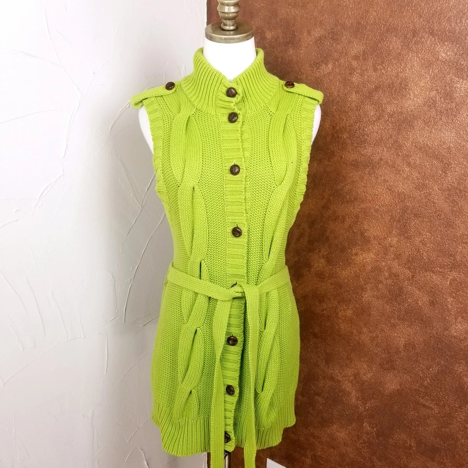 Cárdigan suéter sin mangas Peter Nygard para mujer talla M verde cinturón con botones Foto 1 de 4