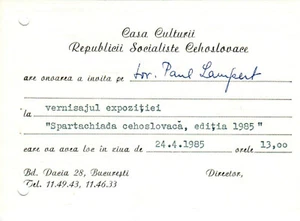 Rumänien, 1985, Vintage Ausstellung Einladung - Tschechoslowakei Kulturhaus - Bild 1 von 1
