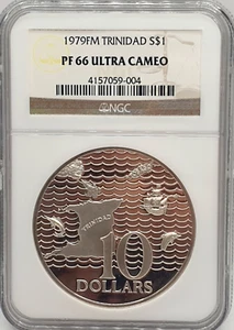 TRINIDAD 1979 SILVER PROOF 1 DOLLAR NGC PF 66 ULTRA CAMEO - Picture 1 of 2