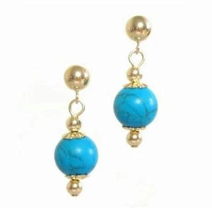 Pendiente colgante de cuentas turquesa de 8 mm con poste de bola de 5 mm en oro amarillo 14K - Imagen 1 de 2