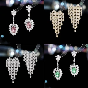 Women Crystal Zircon Drop Dangle Earrings Bride Wedding Party Jewelry Accessory - Picture 1 of 39