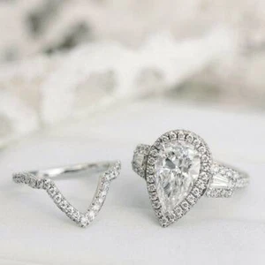 Moissanite LabCreated Set Engagement Ring 14K White Gold Plated 3.50 CT Pear Cut - Picture 1 of 6