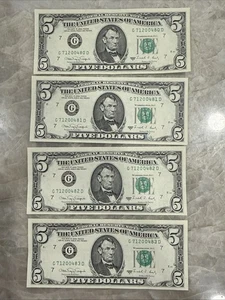 FOUR United States Currency 1988 $5 Bills In Sequential Number Order - Picture 1 of 2