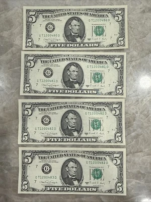 FOUR United States Currency 1988 $5 Bills In Sequential Number Order - Image 1 of 2