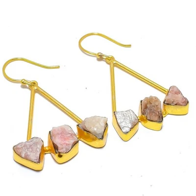 Pendientes de joyería enchapados en plata áspera piedra solar dorada natural 2,1" S2795 Foto 1 de 4