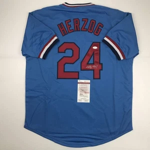 Autographed/Signed WHITEY HERZOG St. Louis Blue Baseball Jersey JSA COA Auto - Picture 1 of 4