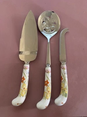 Sheffield England Floral Porcelain Handle Silverware Serving Set - Image 1 of 4