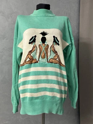 Vintage Passport Pullover Strick Damen Größe 38 weiß/türkis Baumwolle  - Bild 1 von 4