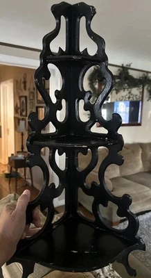 Victorian Style 3 Tier Corner trinket Butler Wood Wall Shelf Scrollwork 24.5 - Image 1 of 4