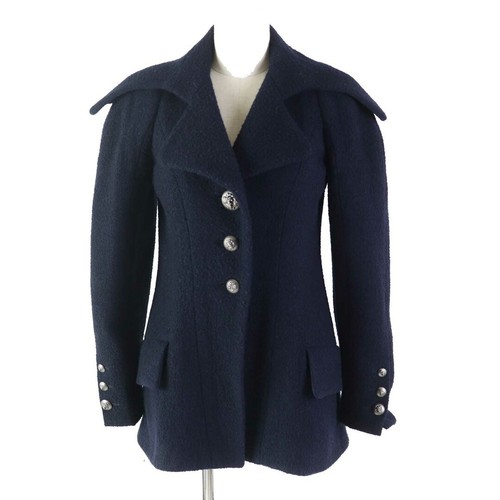Giacca Chanel Vintage 08A P33856 Lana Bottone Leone Tinta Unita Tweed Navy 36 Made